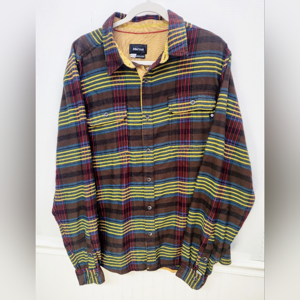 Marmot Men’s Long Sleeve Button-Up Flannel Plaid Sz XXL Casual Cozy Red Yellow